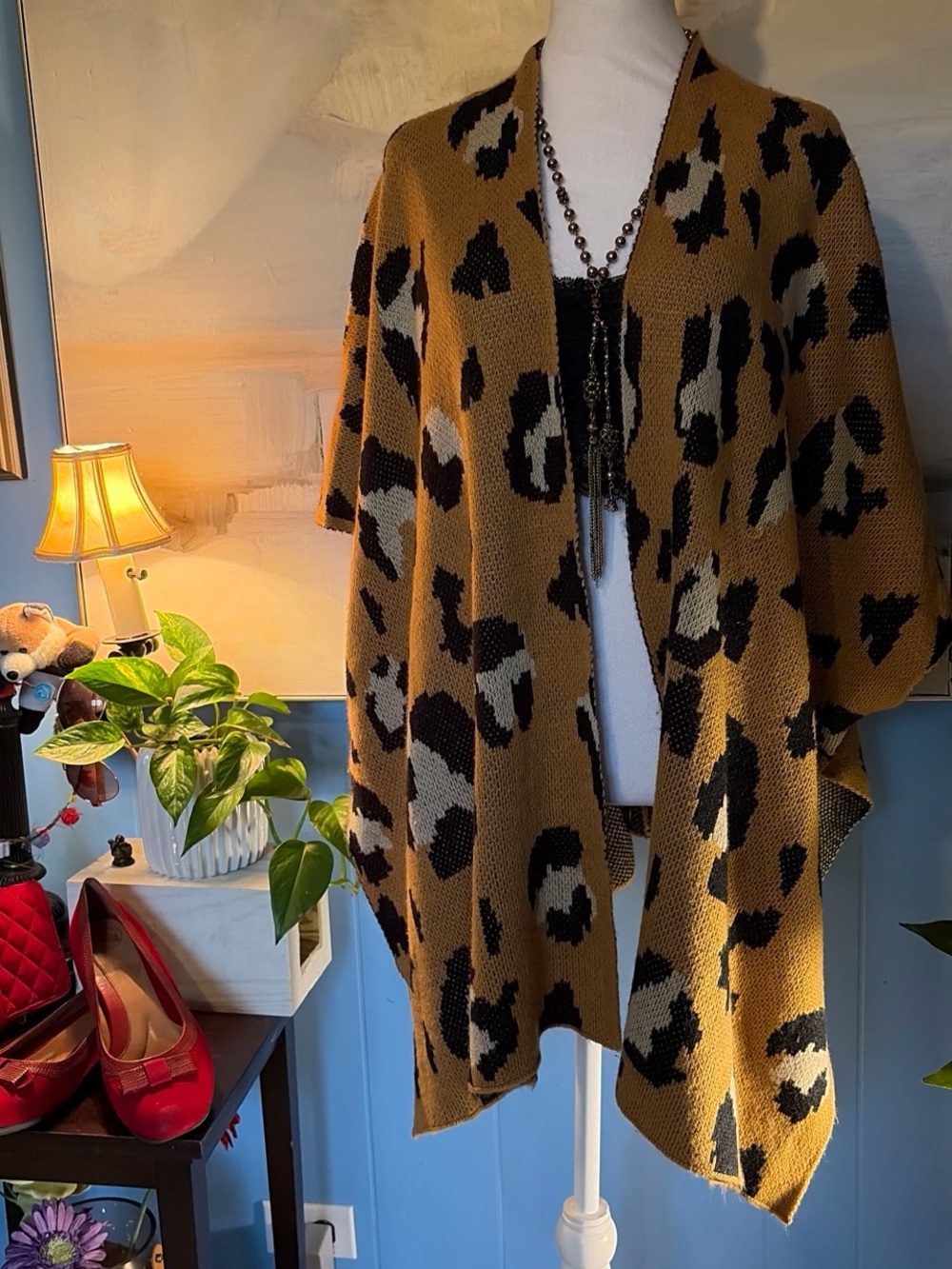 new directions Mustard Black and Cream Leopard Print Open Poncho Cardigan